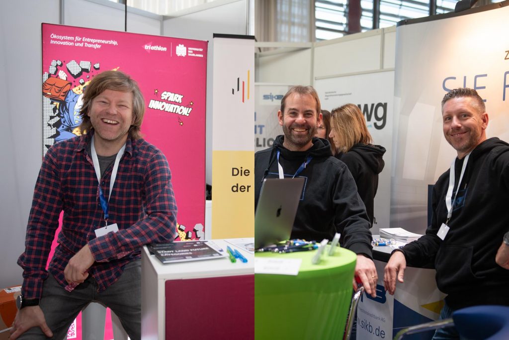 Die Gründungsförderung an der UdS, Triathlon, präsentiert sich mit der Landesgruppe Saarland des Startup-Verbands (links). Impression vom Stand der saarländischen Förderbank SIKB (rechts(
