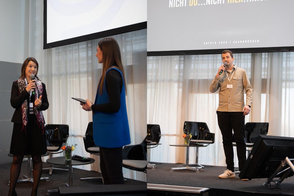 Messe-Eröffnung mit Staatssekretärin Yorgova-Ramanauskas (links) und Gregor Demmer bei seinem Motivationsvortrag zum Messeauftakt (rechts)